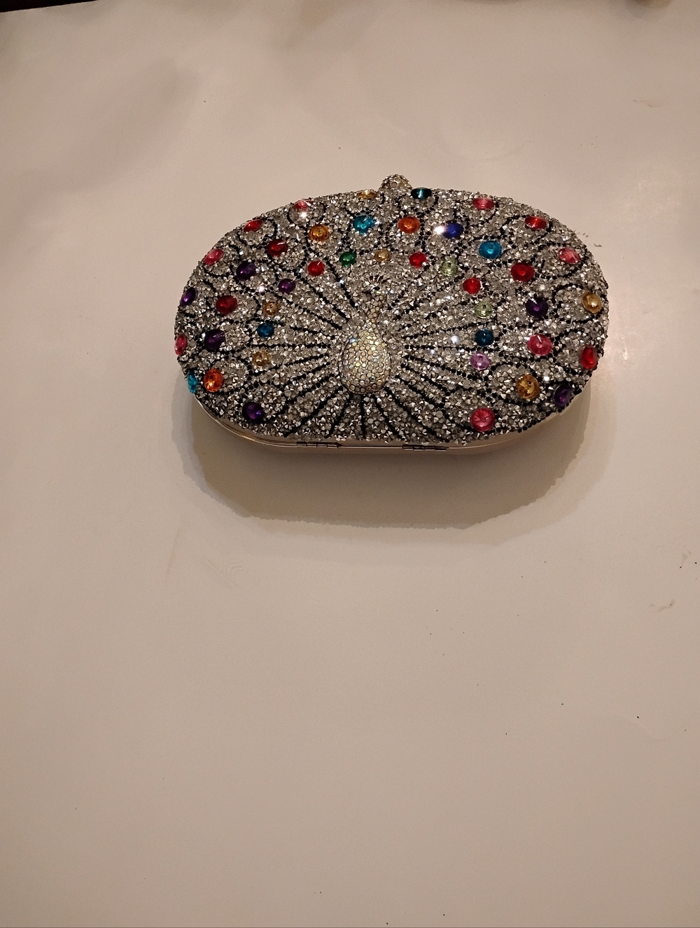 Peacock Silver Rhinestone Crystal Jeweled Multicolor Evening Clutch